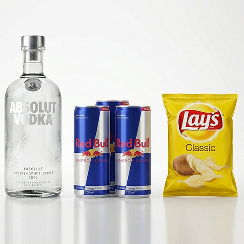 Absolut 70 cl + 3 reds Bull + 1 chips Lays