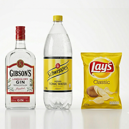 Gibs'on gin 70 cl+ 1 schewpps Tonic 1,5 L+1 chips Lays