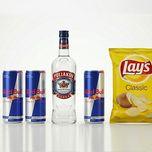 1 Poliakov 70cl + 3 Red Bull 25 cl+ 1 chips Lays : 44 €